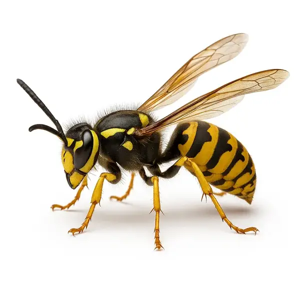 Photo HD of a realistic wasp on a white background illustrating extermination treatments and nest prevention in Montreal and Laval.