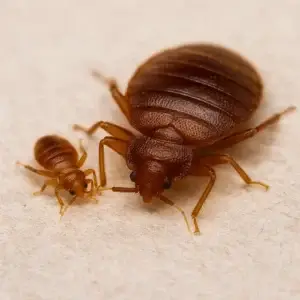 Adulte et jeune punaise côte à côte sur literie