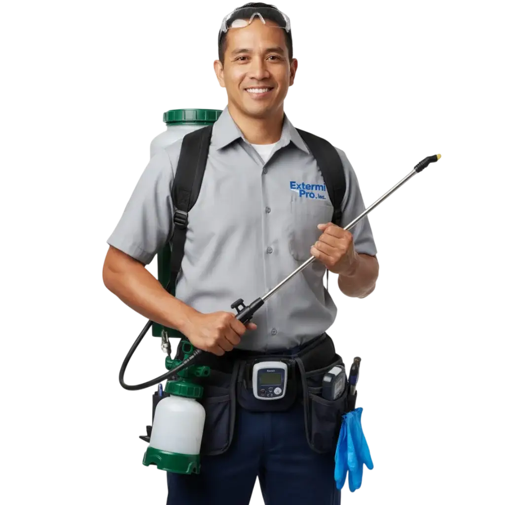 Professional exterminator in Montreal wearing a white suit Extermi Pro Inc.