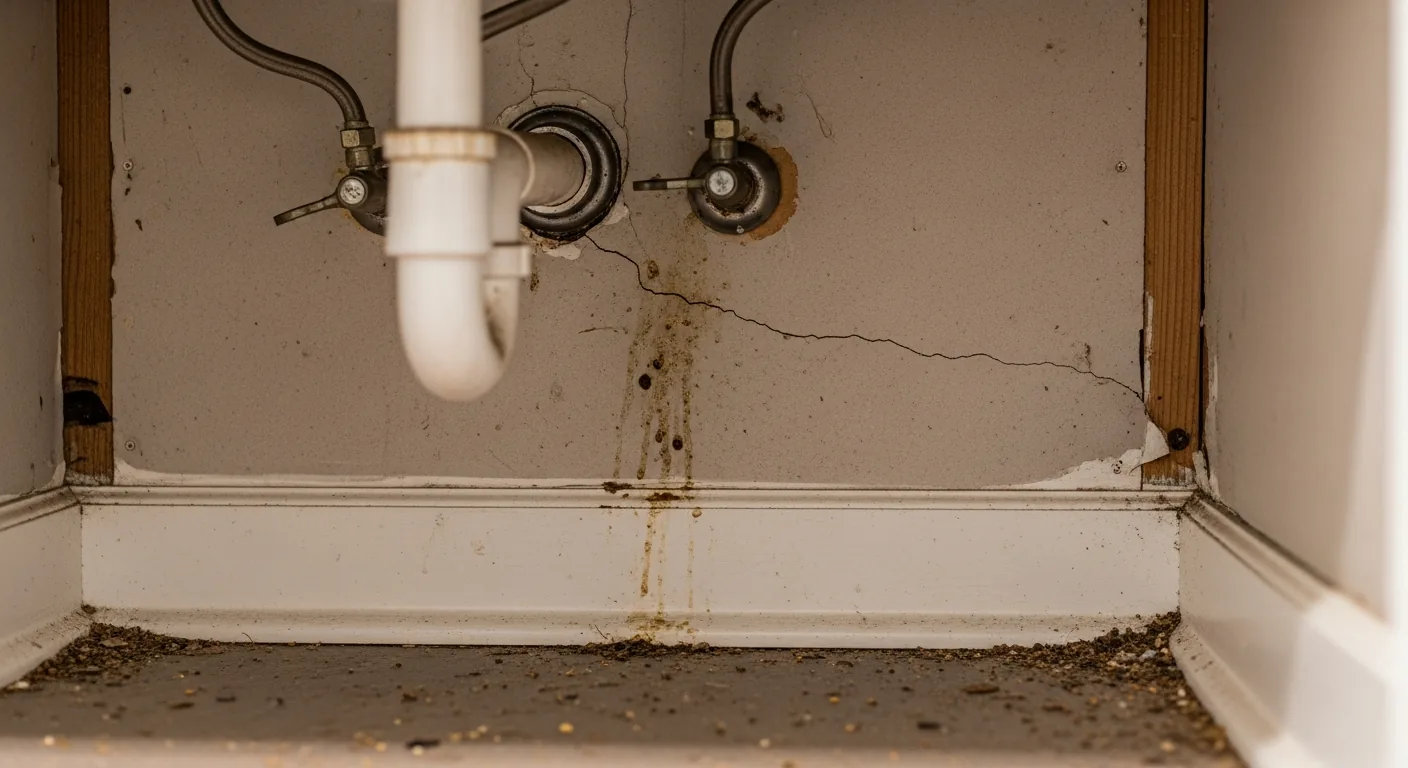 Under-sink cabinet with a leaking pipe causing brown rust-streaks on the wall and dirty cabinet floor.