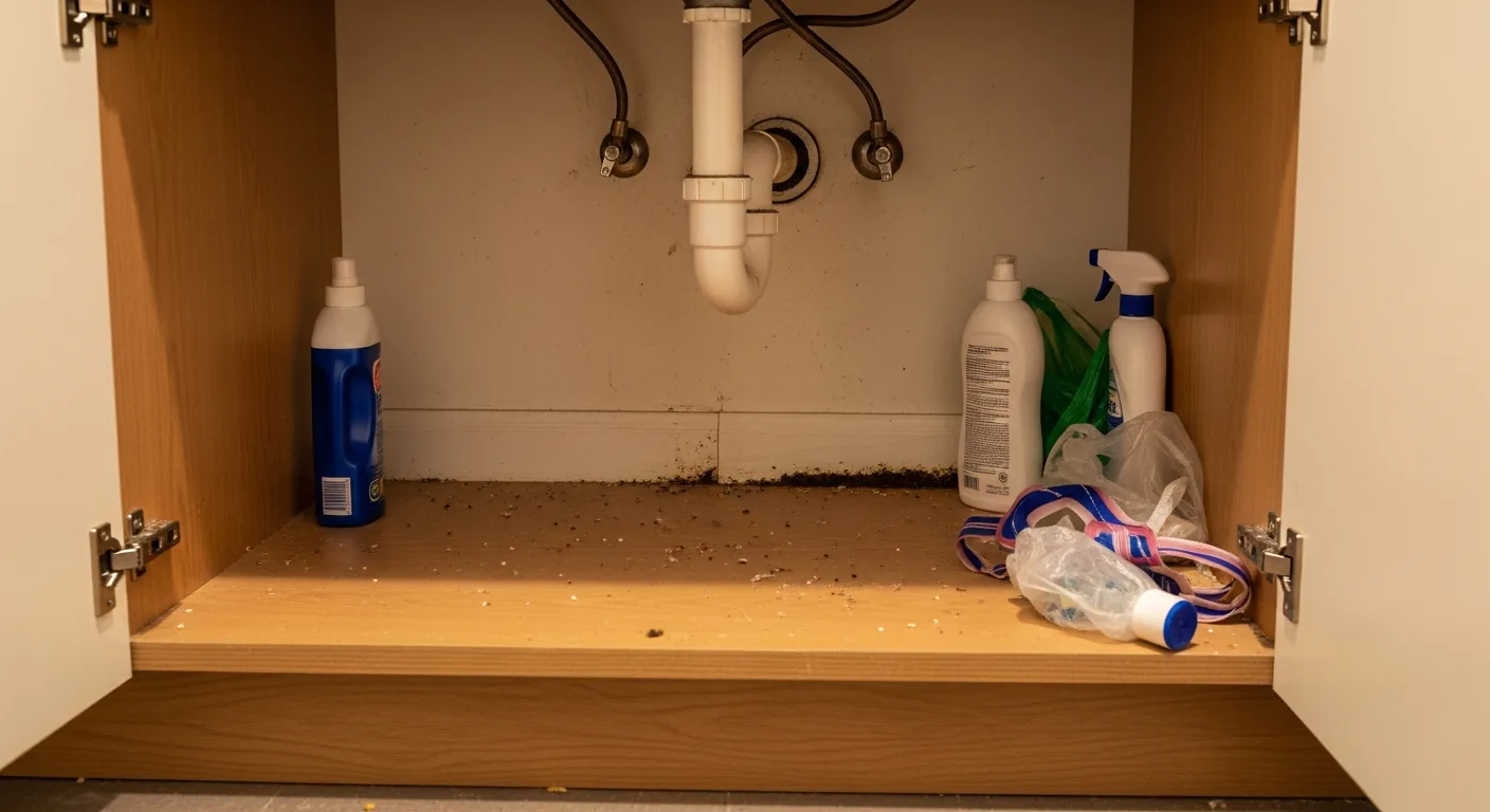 Open under-sink cabinet with exposed plumbing and cleaning supplies: a blue bottle on the left, a white spray bottle and bags on the right, and dirt/debris scattered on the shelf and back wall.